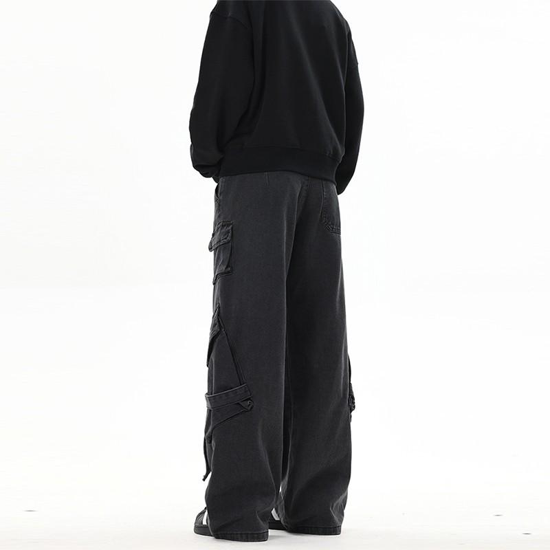Unisex Vintage Black Distressed Wide-Leg Workwear Jeans with Multi-Pockets - High Street Punk Style