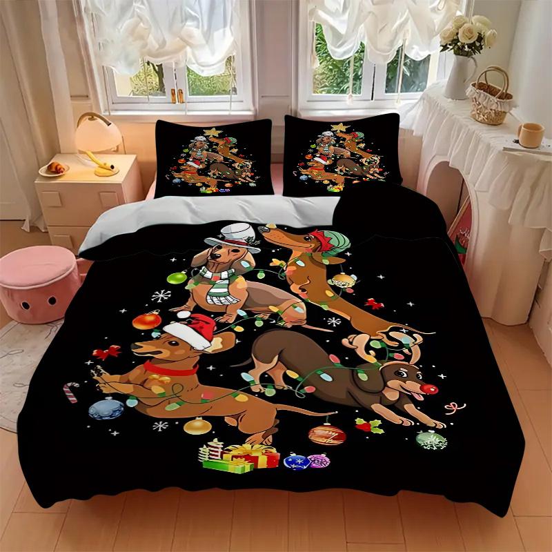 3pcs Christmas Tree Dachshund Dog Holiday Comforter Set with 1 Quilt Cover and 2 Pillowcases (No Core), Bedroom and Guest Room