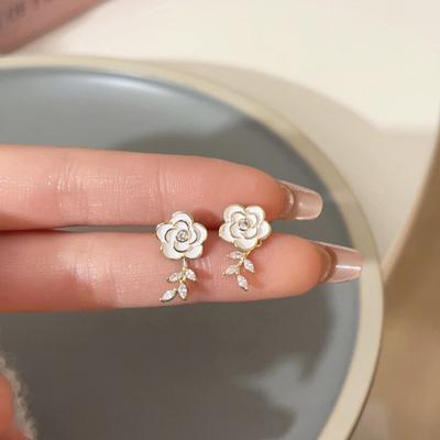 Camellia Stud Earrings Women's Simple Light Luxury Zircon Flower Earrings Niche Temperament High-end Earrings