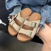 Summer New Non-slip Thick-soled Cool Slippers Retro Double Belt Buckle Versatile Boken Slippers Trendy Leather Women's Shoes
