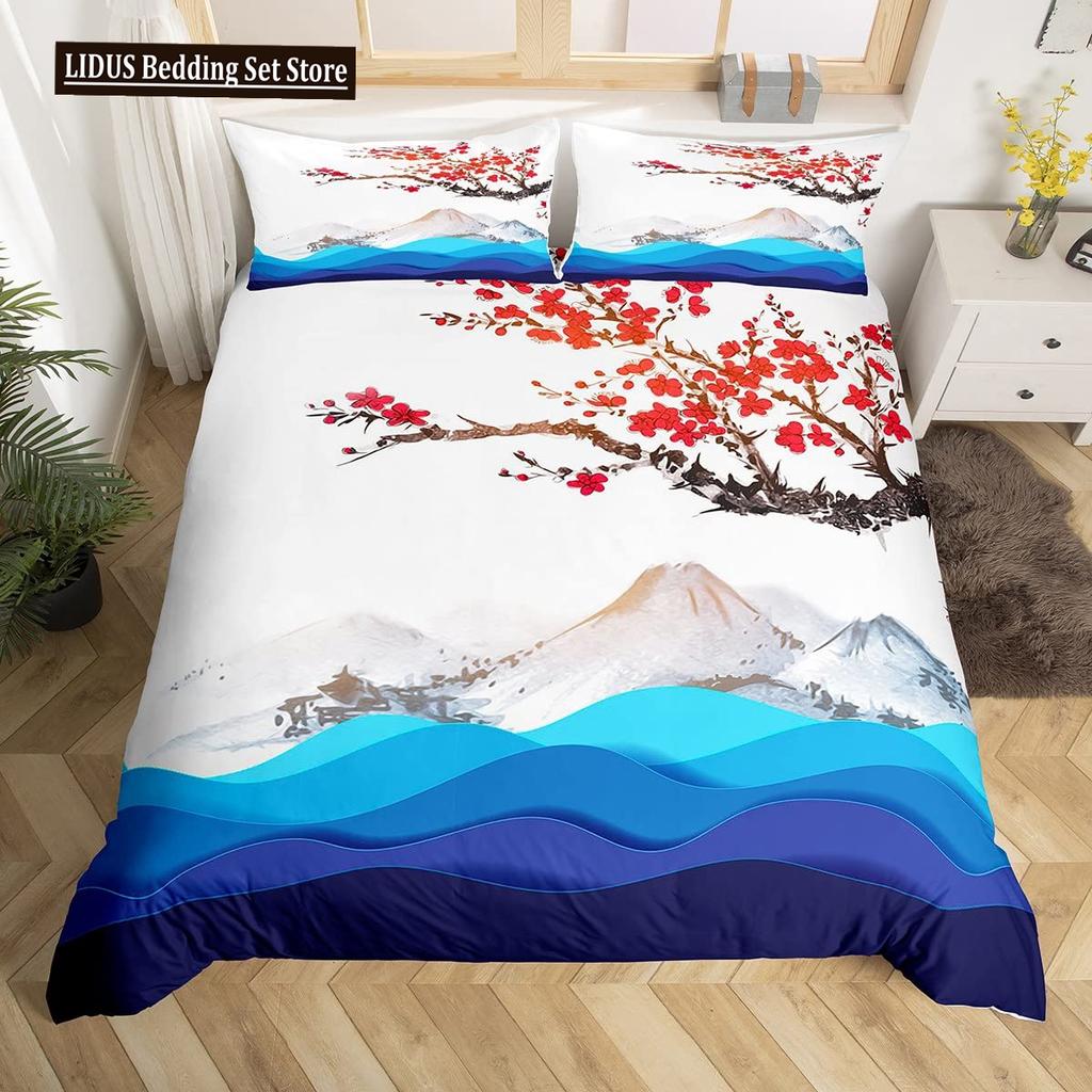 Japanese Duvet Cover Set,Branch Of A Flourishing Sakura Tree Flower Cherry Blossoms Spring Theme Art Japan Bedding Set Full Size