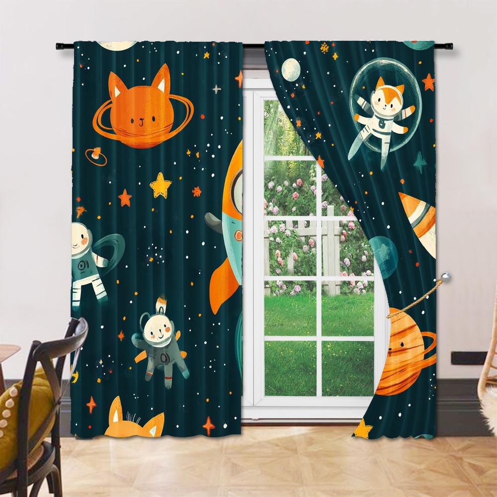 Set Of 2 Versatile Polyester Transparent Curtains Home Decoration Cartoon Spaceman Outer Planet Use Bedrooms Living Curtain Perfect For Bedroom Decor