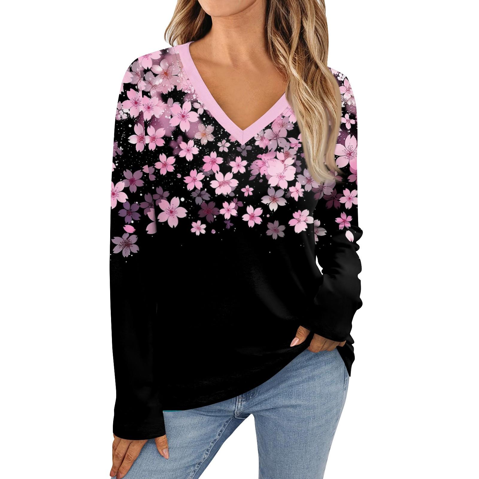 

Женские топы с длинными рукавами, рубашки с v-образным вырезом, повседневные модные футболки с цветочным принтом, блузки, осенние наряды-туники, приталенные футболки XXL розовый