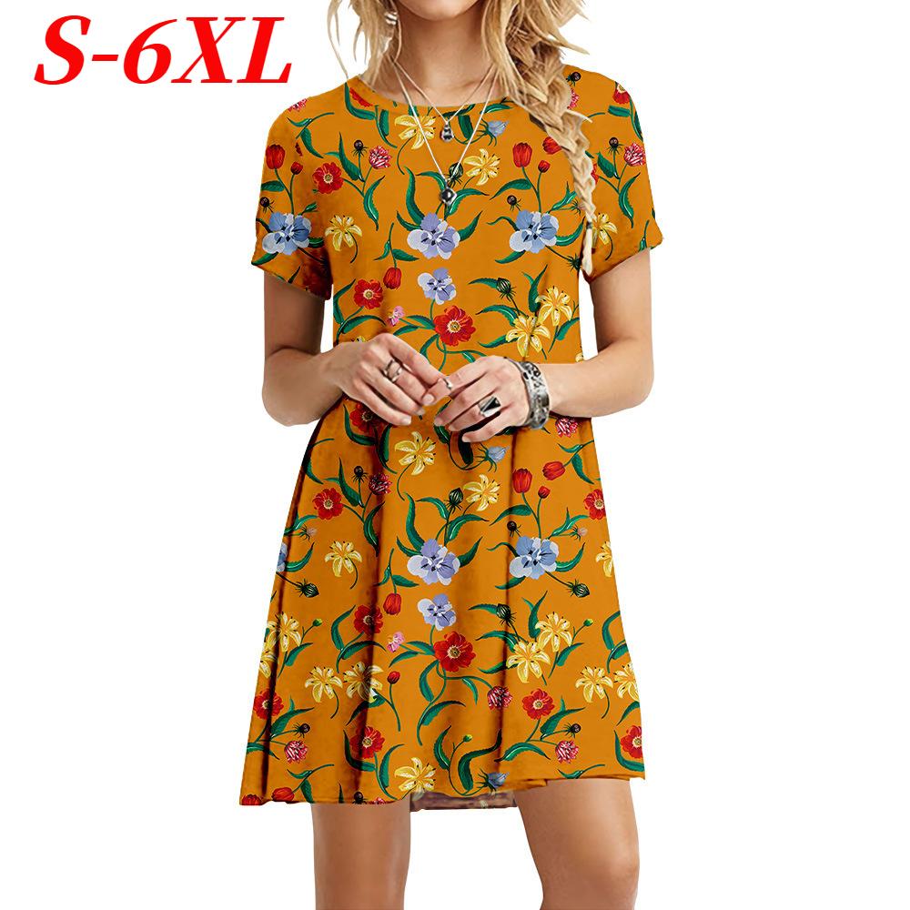 

Размер S-6XL Платье с цветочным принтом Женское свободное летнее платье с коротким рукавом и круглым вырезом Повседневное платье больших размеров S