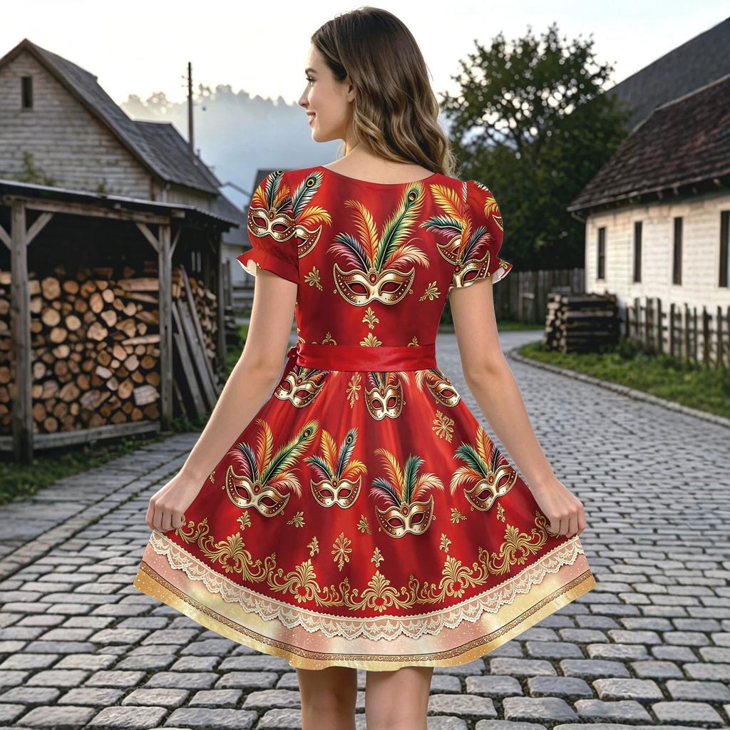 Carnival Mask Printed Lace Waist Maid Dress Female Venetian Mask Printed Vintage Court Style Dress