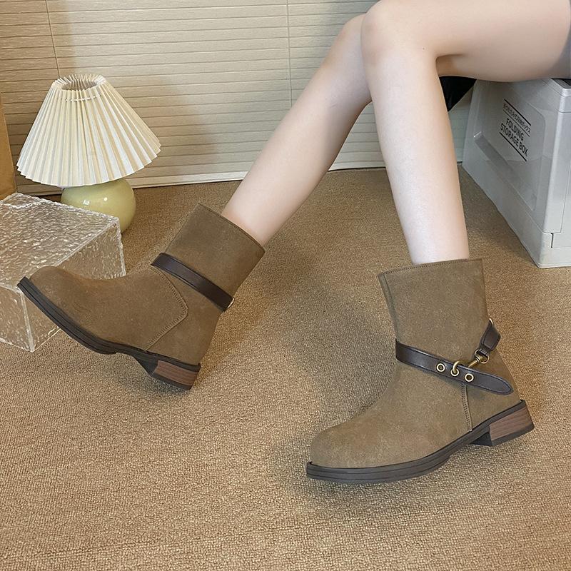 American belt buckle round head fashion boots high sense 2025 autumn and winter new retro thick heel locomotive boots women's boots