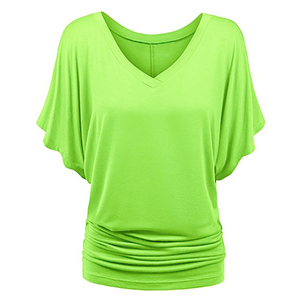 Large Size Top Women's Solid Loose Bat Sleeve V-neck Short Sleeve T-shirt