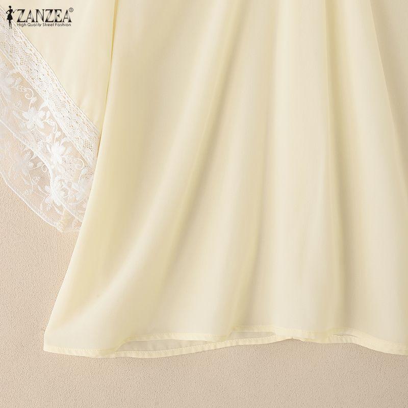 ZANZEA Women Casual Round Neck Lace Splice 3/4 Sleeve Loose Blouse