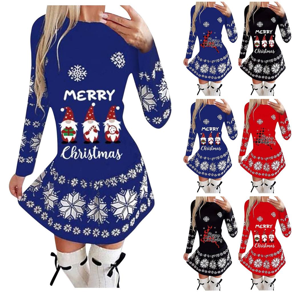 Women's Fashion Round Neck Christmas Printed Pleated Skirt Long Dress Festive Holiday Casual Wear for Seasonal Events