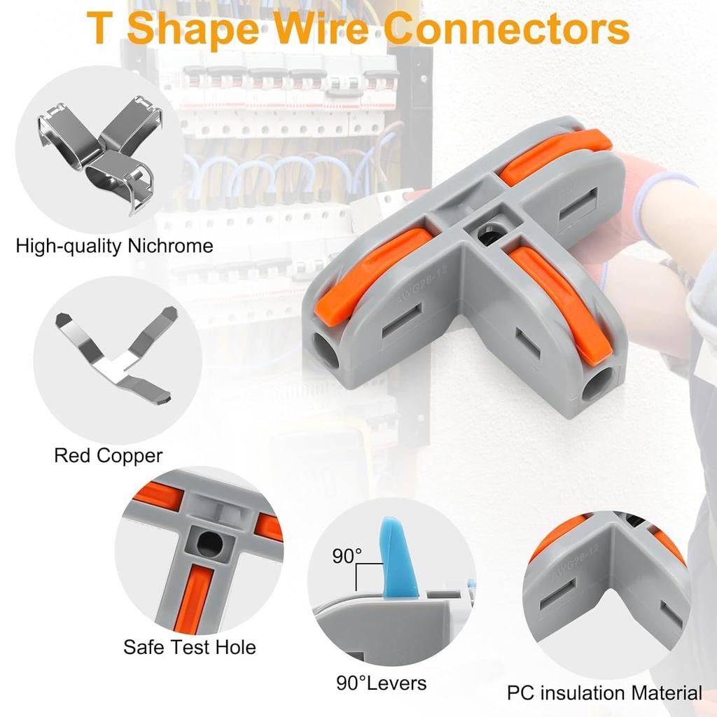 40PCS Lever Wire Connectors Kit 28-12 AWG, 3 Way T Shape Wire Connectors Electrical Splicing Kit and 1 in 1 Out DIY Mini Compact Wire Conductor Quick
