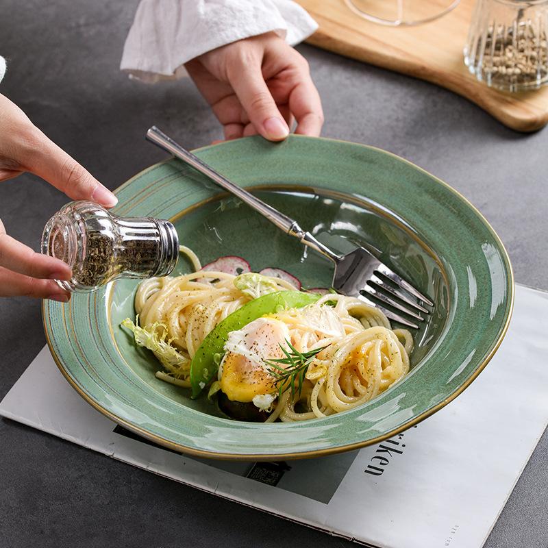 Retro Style Kiln Change Glaze Straw Hat Plate Creative Ceramic Pasta Western Plate Fruit Salad Soup Plate Household Dish