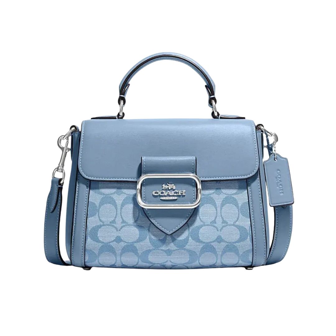 

Coach Morgan 21 Classic Monogram Buckle Closure Chambray Fabric And Leather Handbag Women Handbag Light-Blue CH142-SVM6A Basic Set (Bag+Dust Bag)