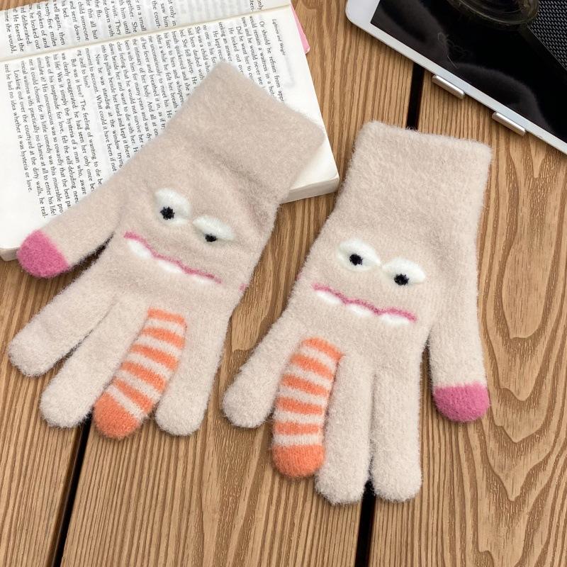 Funny Monster Finger Touch Screen Plush Knitted Gloves Cute Winter Knitted Gloves Warm Thickened Velvet Split Finger Gloves