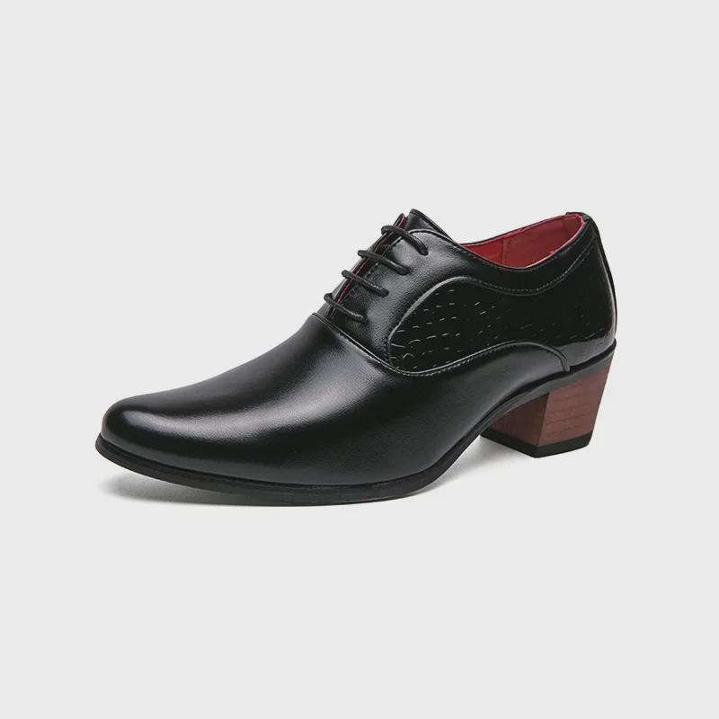Men's British Style Height-Boosting Leather Dress Shoes - Pointed, Shiny, and Trendy for Weddings and Casual Wear.