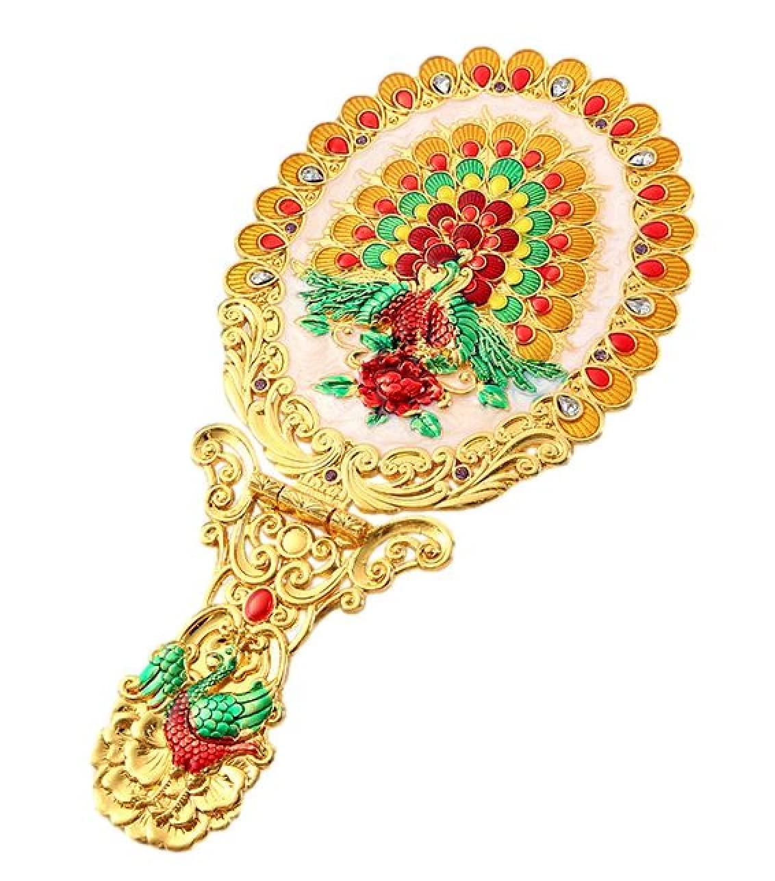 

[Queen-b] Peacock Folding Hand Mirror with Stand, Compact, Stylish, Antique Design, Portable and Portable (Gold)