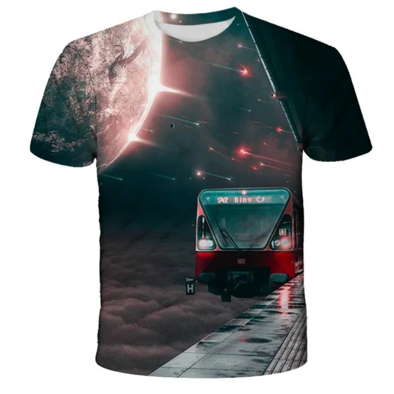 Retro Summer Motorcycle Train 3D Printed T-shirt Fashion Men's and Women's Daily T-shirt Round Neck Pattern T-shirt Top