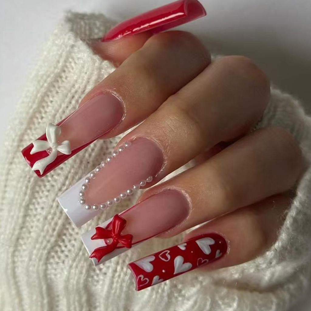 24Pcs Long Square Press On Nails Leopard Print French 3D Cherry Design False Nail Rhinestone Wearable Full Cover Fake Nails Tips