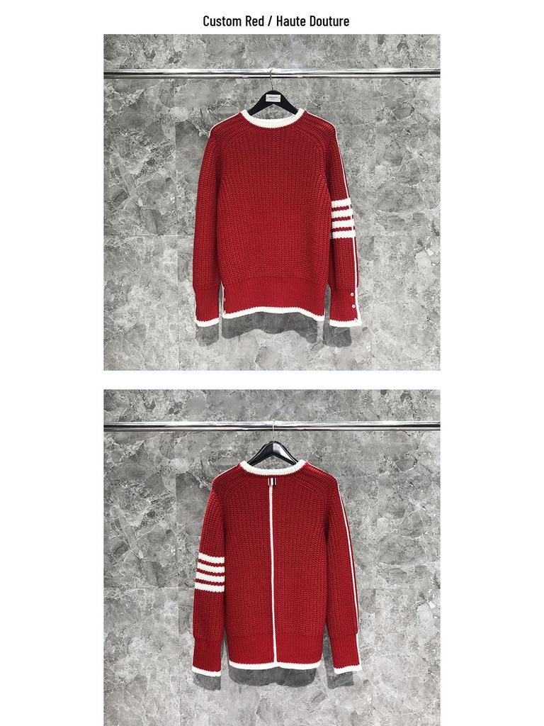 Unisex Chunky Knit Pullover: Four-Bar White-Edged Round Neck Sweater for Autumn & Winter