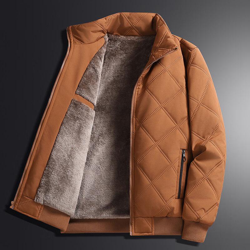 Men's Khaki Stand Collar Windproof Velvety Cotton Winter Jacket