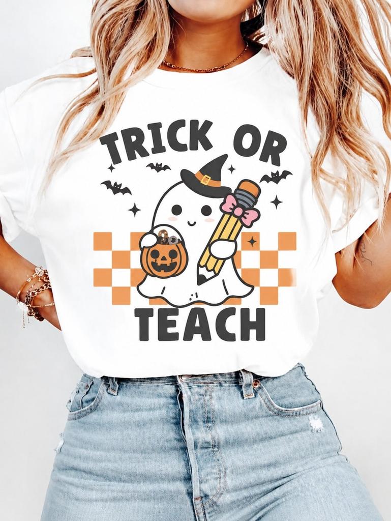 Women's T-Shirts Teacher Halloween Shirt,Trick Or Teach Shirt, Retro Ghost Shirt
