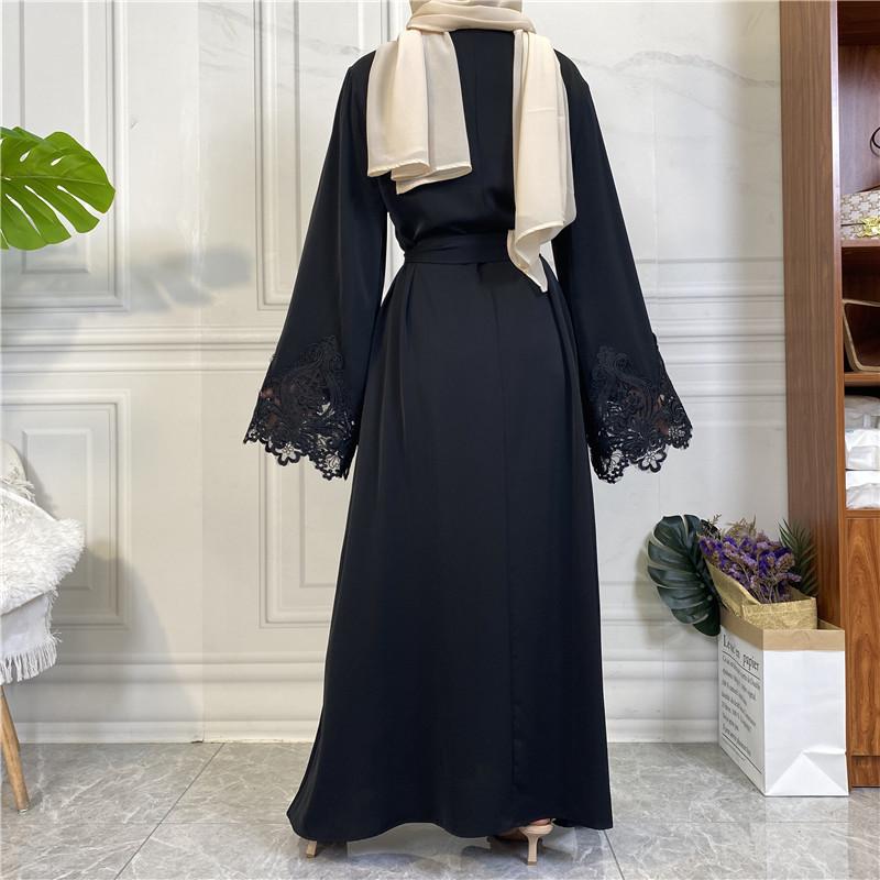 Middle Eastern Muslim Women's Solid Color Floral Lace Zippered Dress