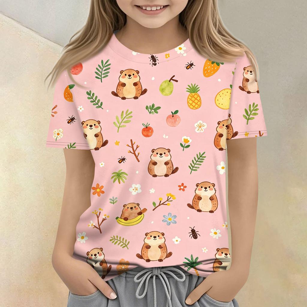 Kids Animal Print Crew Neck Short Sleeve Casual Loose Fit T Shirt Top for Children Boys Girls Summer Wear