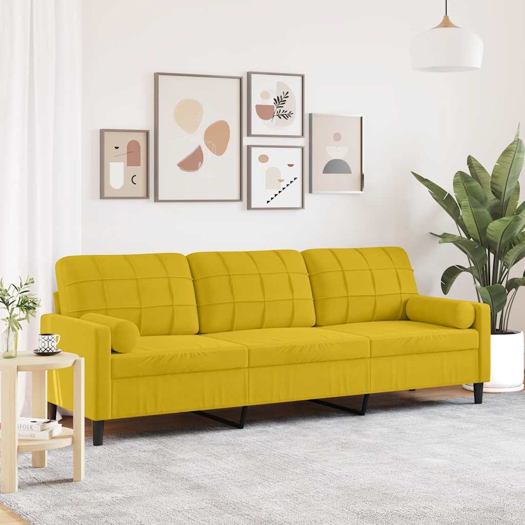 3 Seater Sofa with Decorative Cushions Yellow 210 Cm Velvet