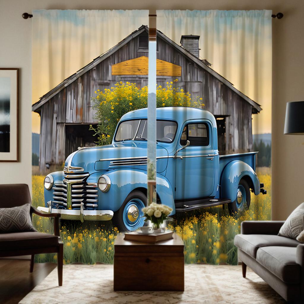 Set Of 2 Vintage Hd Pickup Truck Trim Curtain Blue Tie Digital Printed Home Style Living Room Bedroom Wear Rod Polyester Ideal For