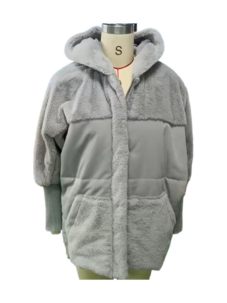 Women's Light Gray Quilted Hooded Winter Coat with Faux Fur Trim and Ribbed Sleeve Detail
