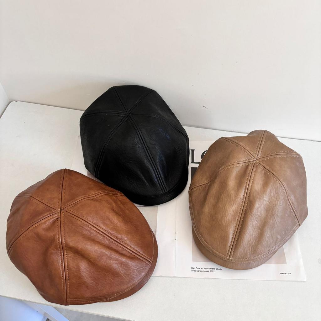 Autumn and winter versatile warm simple autumn and winter literary and retro show a small face forward hat big head circumference leather beret