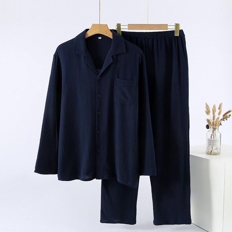 Men's pajamas spring and autumn crepe cloth pure cotton double-layer cotton yarn cardigan homewear loose large size long-sleeved trousers homewear