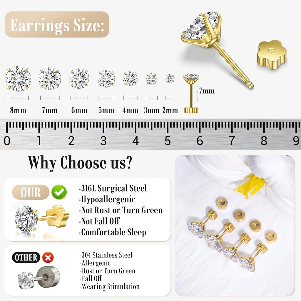 Moissanite Lab Created Diamond Earrings 0.6ctw-3.0ctw Solitaire Studs, D Color VVS1, Hypoallergenic 925 Sterling Silver, 14K White Gold Plated,