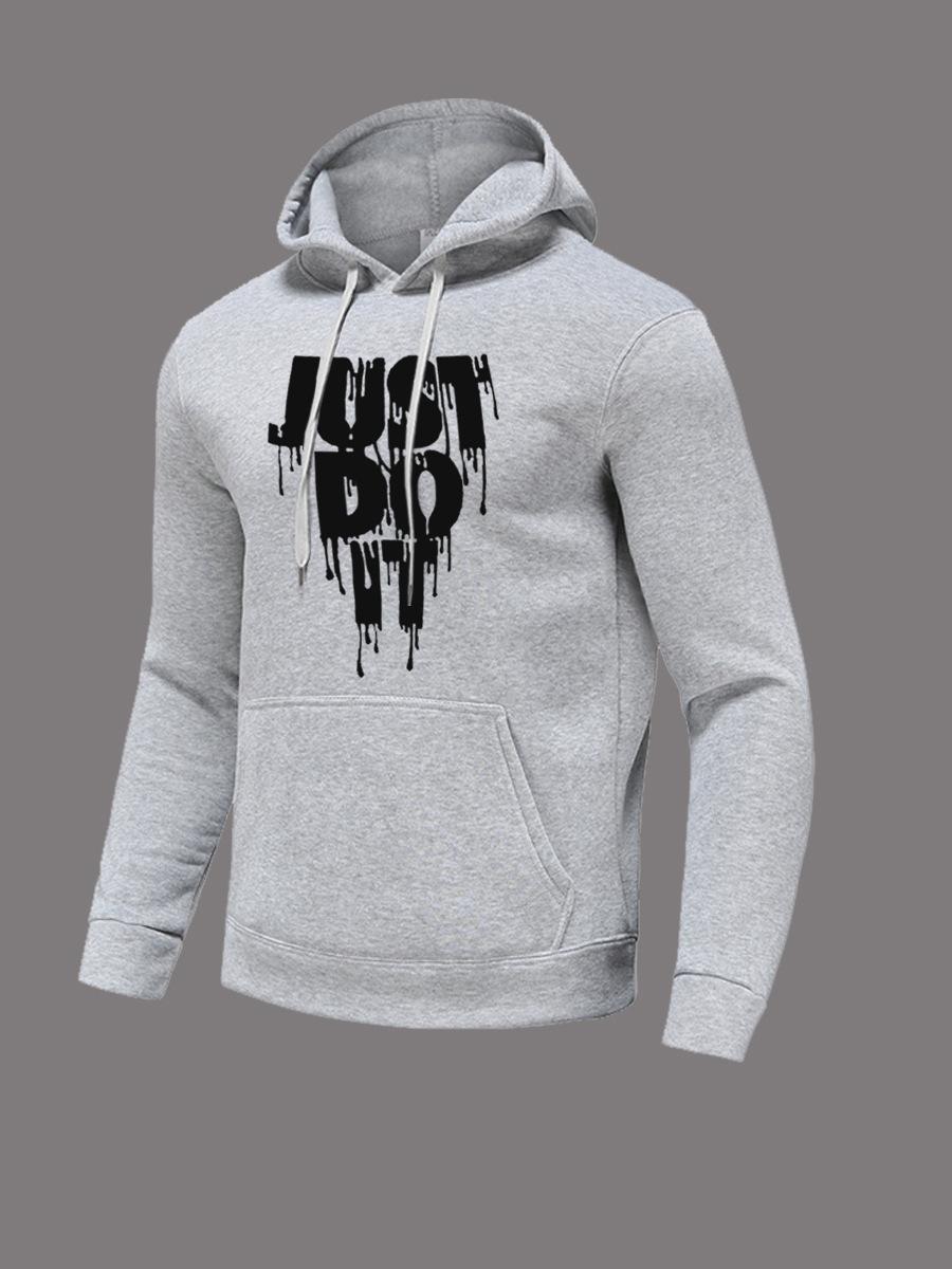 Independent Station Casual Hooded Women s Fashion Brand JUSTDOIT Letter Print Kangaroo Pocket Sweater XXXL светло-серый
