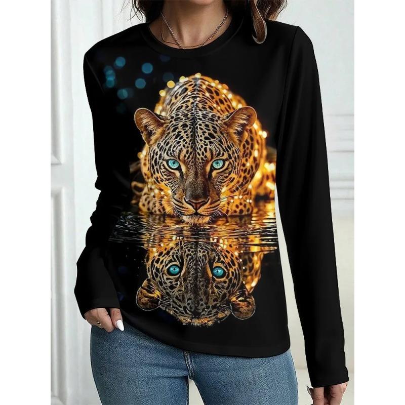 Autumn and Winter Women's Animal 3D Printed Crew Neck Long Sleeve T-Shirt