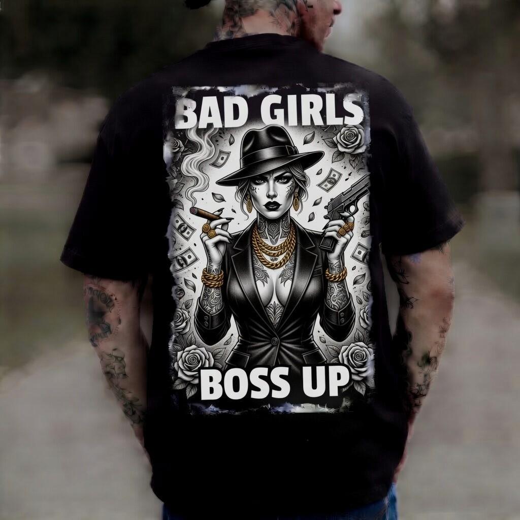 Bad Girls Boss Up Black Graphic Mafia Tattoo Edgy Tee Unisex T-Shirt S