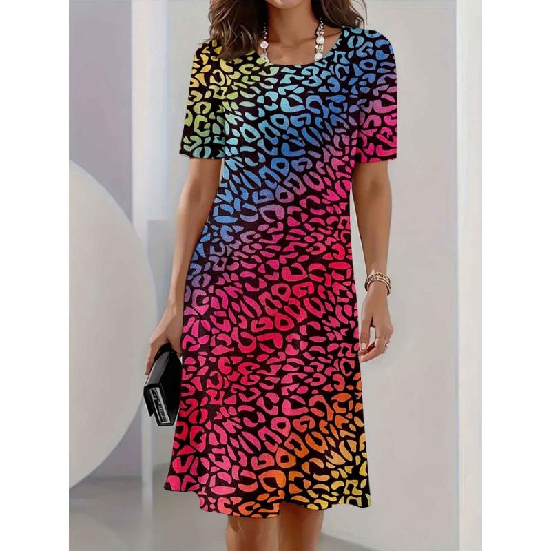 

Plus Size Rainbow Leopard Print Dress Colorful Animal Pattern Short Sleeve Dress for Women Casual Party Full Printed 6XL