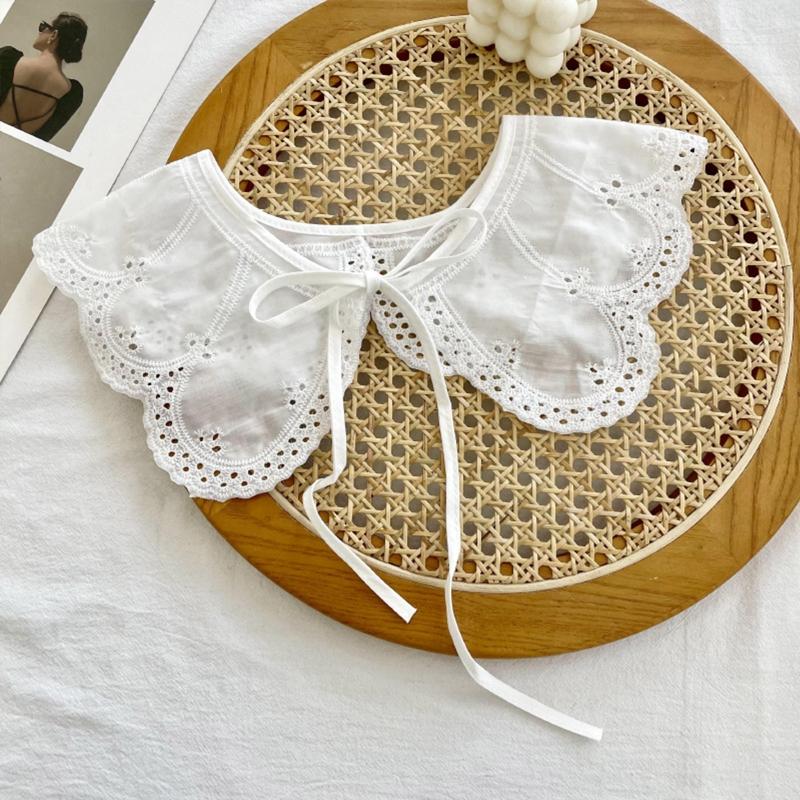 Korean Women White Cotton Fake Collar Shawl Wrap Hollow Out Floral Fish Scales Necklace Scarf Embroidery Short Poncho Dropship