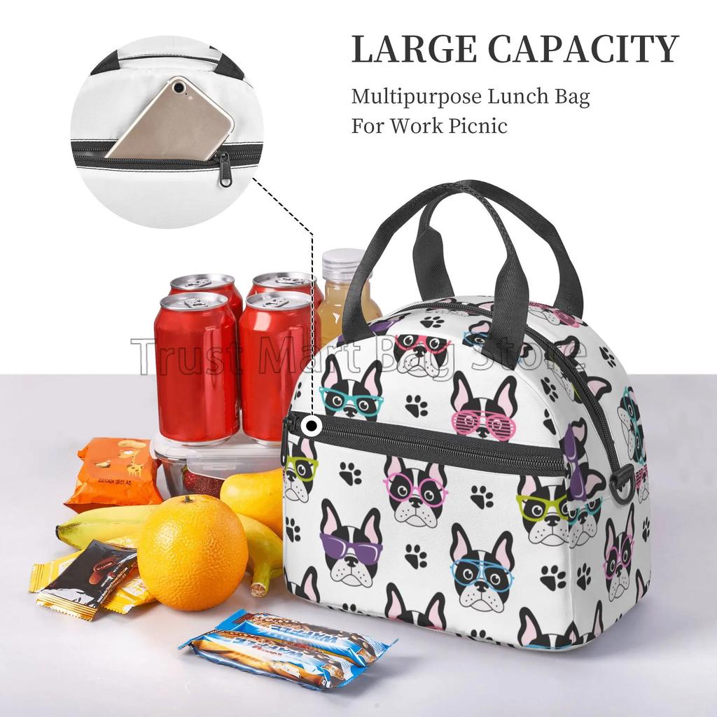 Cute French Bulldogs with Glasses Pattern Insulated Lunch Bag for Teens School Picnic Reusable Portable Thermal Bento Tote Bags