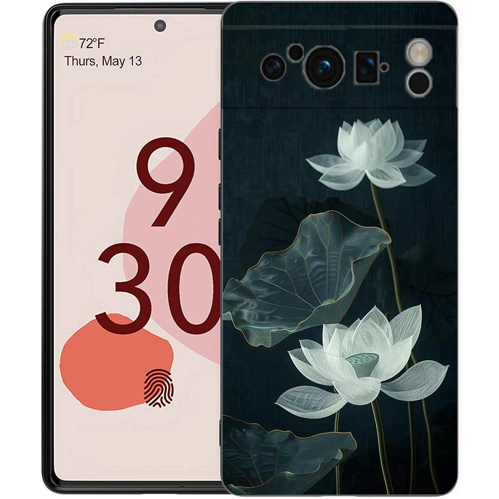 

Lotus Pattern Phone Case For Google Pixel 10 9 8 7 Pro 9A 8A 7A 6A 6 Pro XL Soft TPU Bumper Black Cover Pixel 6A