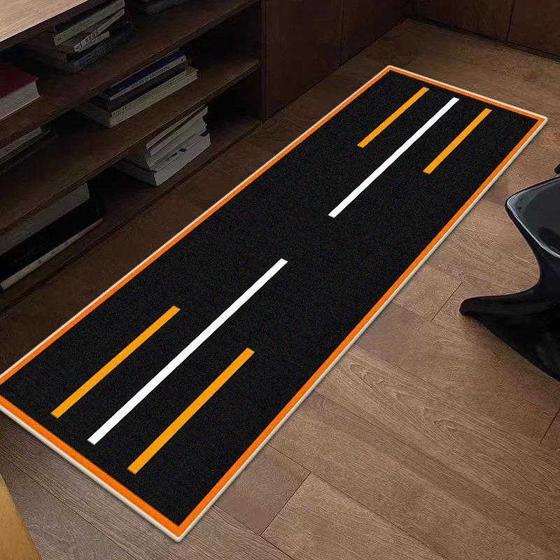 Race Track Print Runner Rug Anti-slip Garage Floor Mat Black Orange Sport Style Long Carpet for Motorcycle Lovers Home Decor