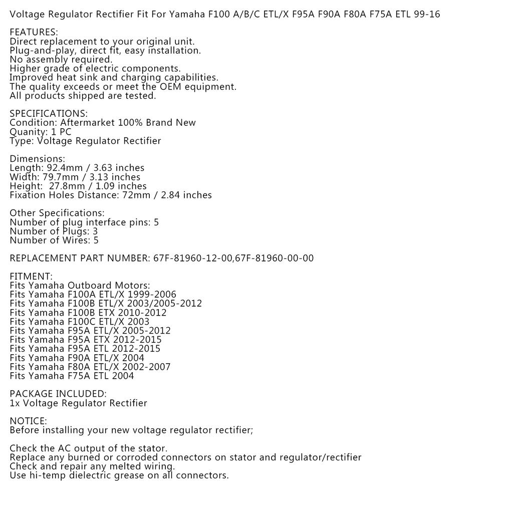 Rectifier Regulator for Yamaha Outboard PN/ 67F-81960-12-00 67F-81960-00-00