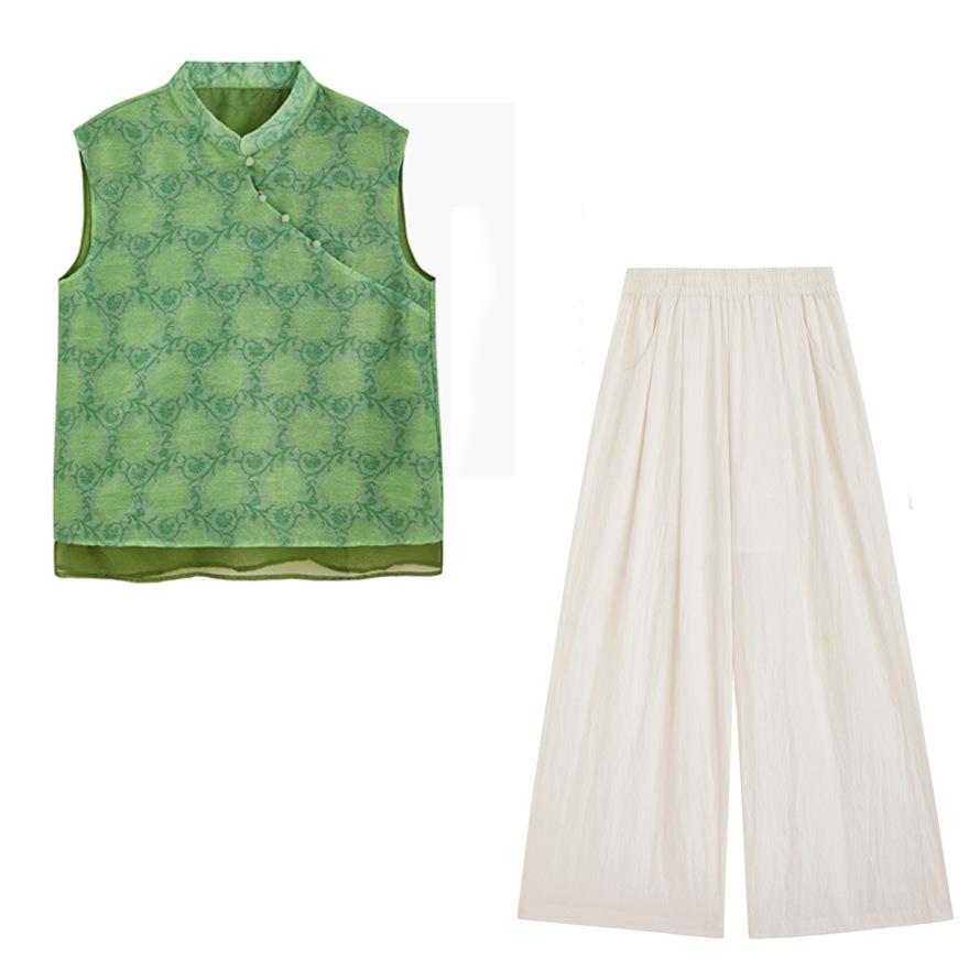 Light suit women's summer design sense retro printed top slim meat-covering wide-leg pants two-piece set