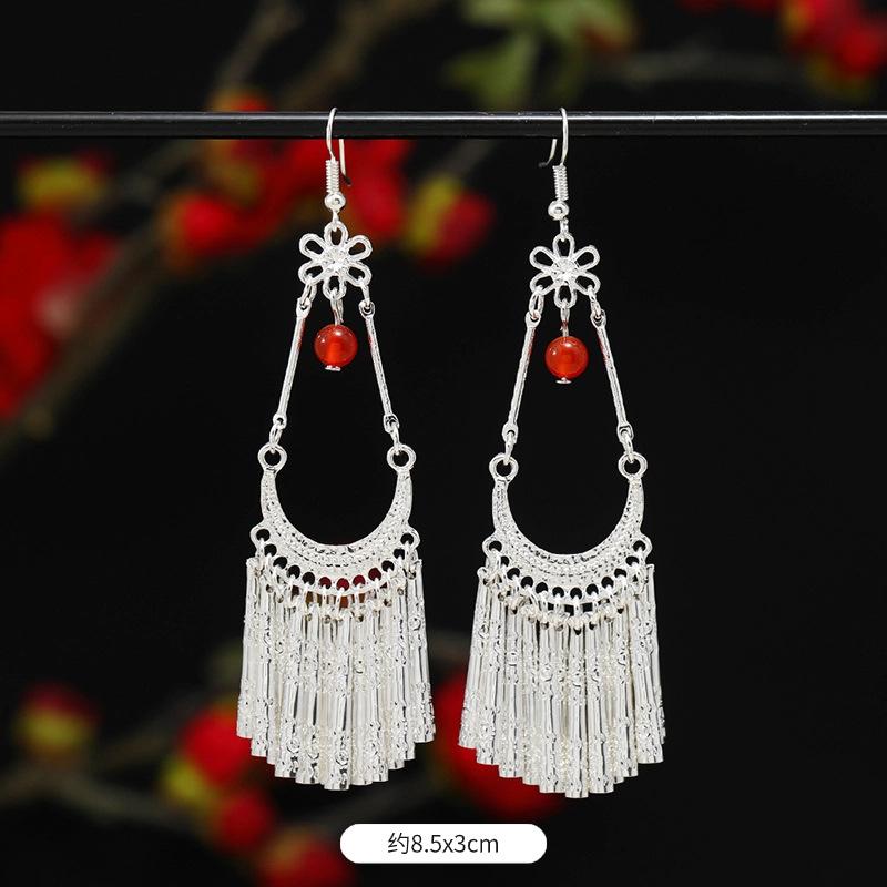 Miao Yin earrings original niche retro Dongling jade earrings long fringed earrings women