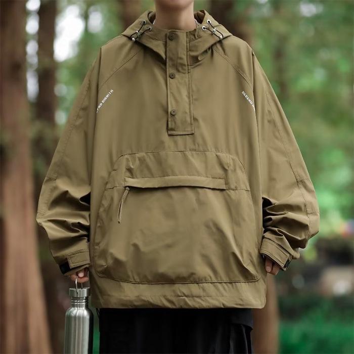 Men's Autumn Hooded Workwear Jacket with Zipper Pockets - Casual, Loose Fit Pullover Coat