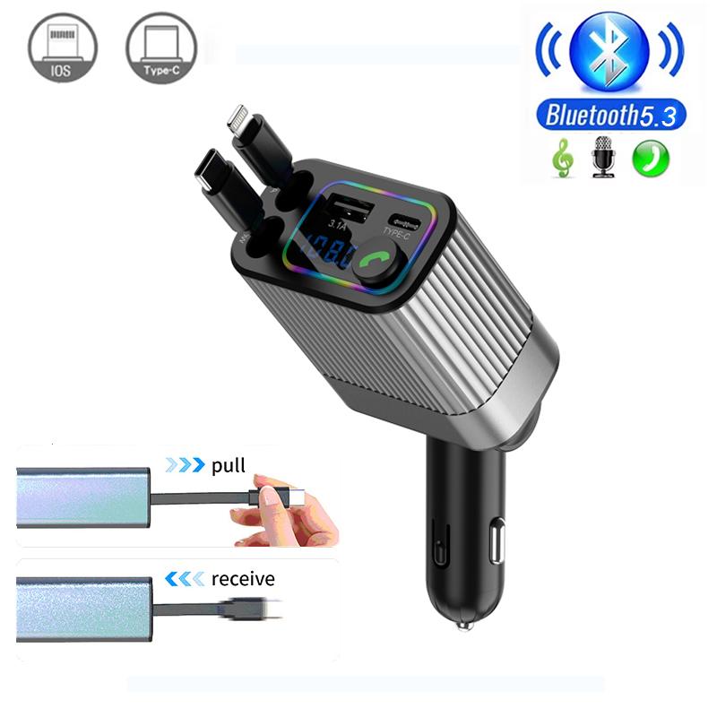12-24V Car Bluetooth 5.3 FM Transmitter USB PD Dual Type C Fast Charge Car Charger Adapter Handsfree Call with Ambient Light