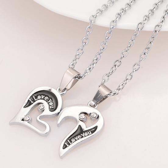 1 Pair Couple Necklace I Love You Rhinestone Inlaid Unisex Heart Shape Pendant Lover Necklace for Anniversary