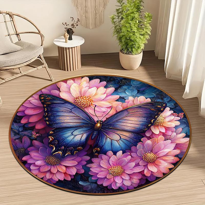 Pink butterfly artistic style Flannel-printed round floor mats are slip-resistant Suitable living room terrace garden carpets