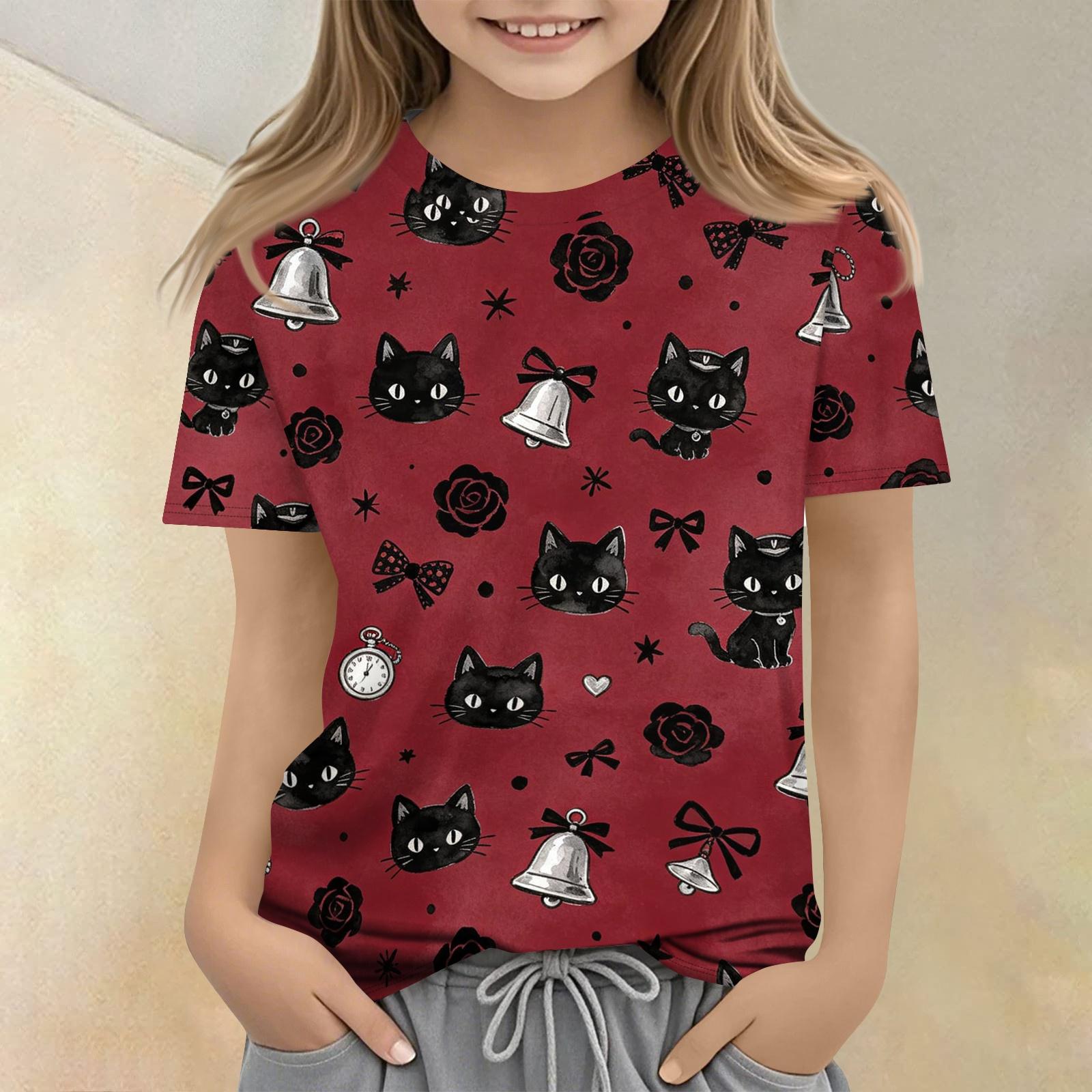 

Children s Animal Print Crew Neck Short Sleeve Casual Loose Fit T Shirt Top for Kids Soft Comfortable Fabric Suitable for Everyday Wear 120 чёрный