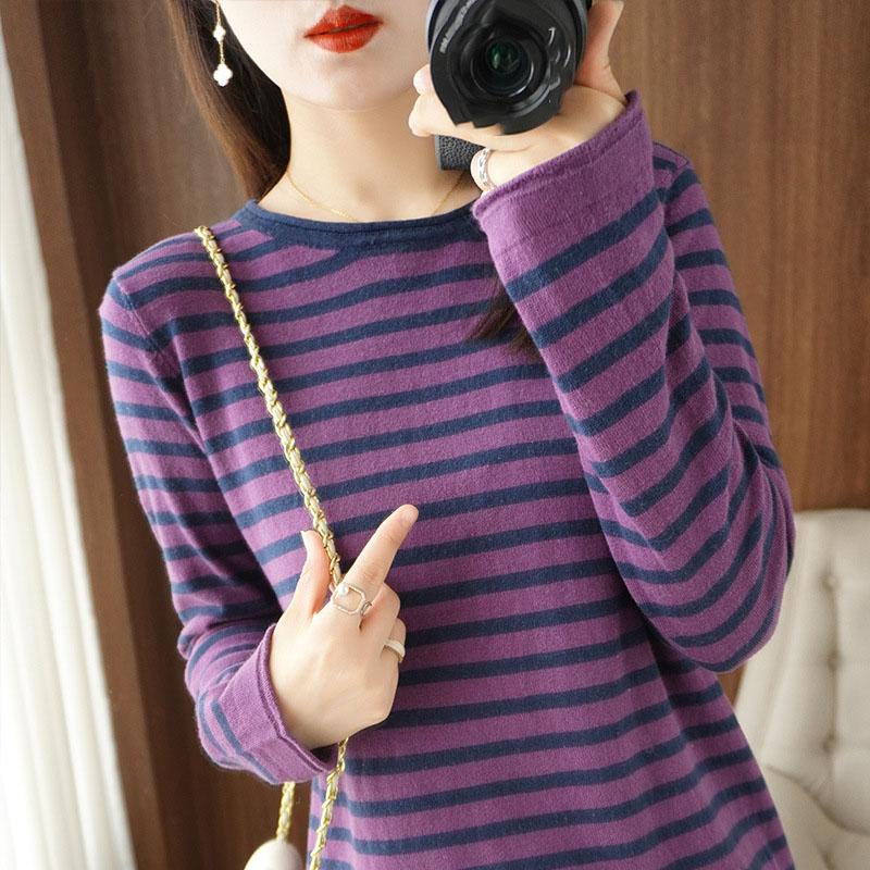 Women Cotton Sweater Curled O-neck Strip Pullover Autumn Winter Casual Knit Clothing Fashion Soft Bottoming Sweater Tops