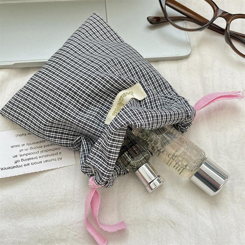 Checkered Pattern Lipstick Makeup Bag With Drawstring Simple Jewelry Handbag Large Capacity Storage Pouch